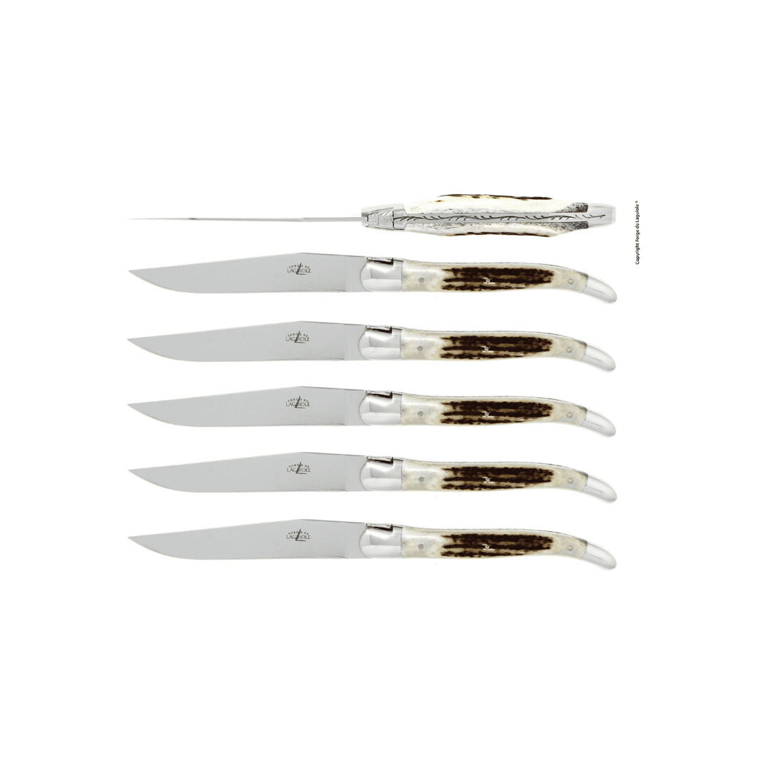 De Laguiole set of 6 Steak Knives Deer Antler Handle Shiny
